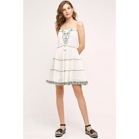 Anthropologie Flannel Women's Talara Tassel Dress Tiered Embroidered Gauzy NWT